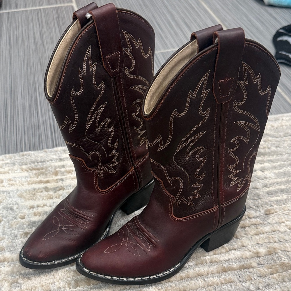 Old West Dark Brown Kids Western Boots with Tan Stitching